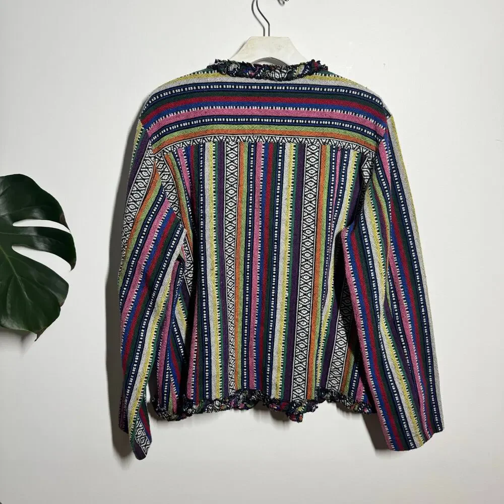 Chico's Boho Jacket Women‎ XL Rainbow Embroidery Woven Open Front Pockets Ruffle
